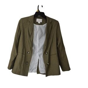 Halston Jacket Womens Medium Olive Green Linen Blend Double Breasted Open Front